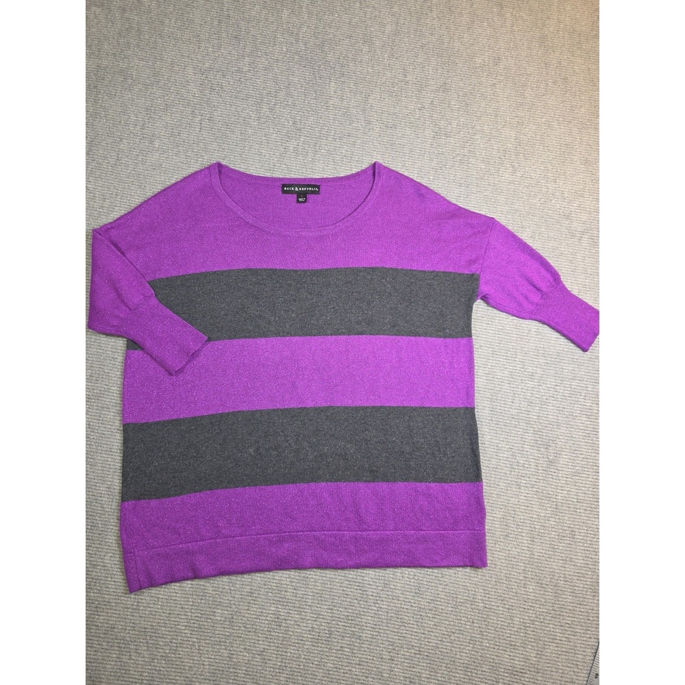 Rock & Republic Shimmer Shiny Purple Gray Striped Short Sleeve Sweater Size S